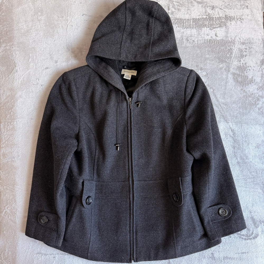 St Johns Bay Petite XL Charcoal Gray‎ Wool Blend Hooded Zip Front Jacket Coat